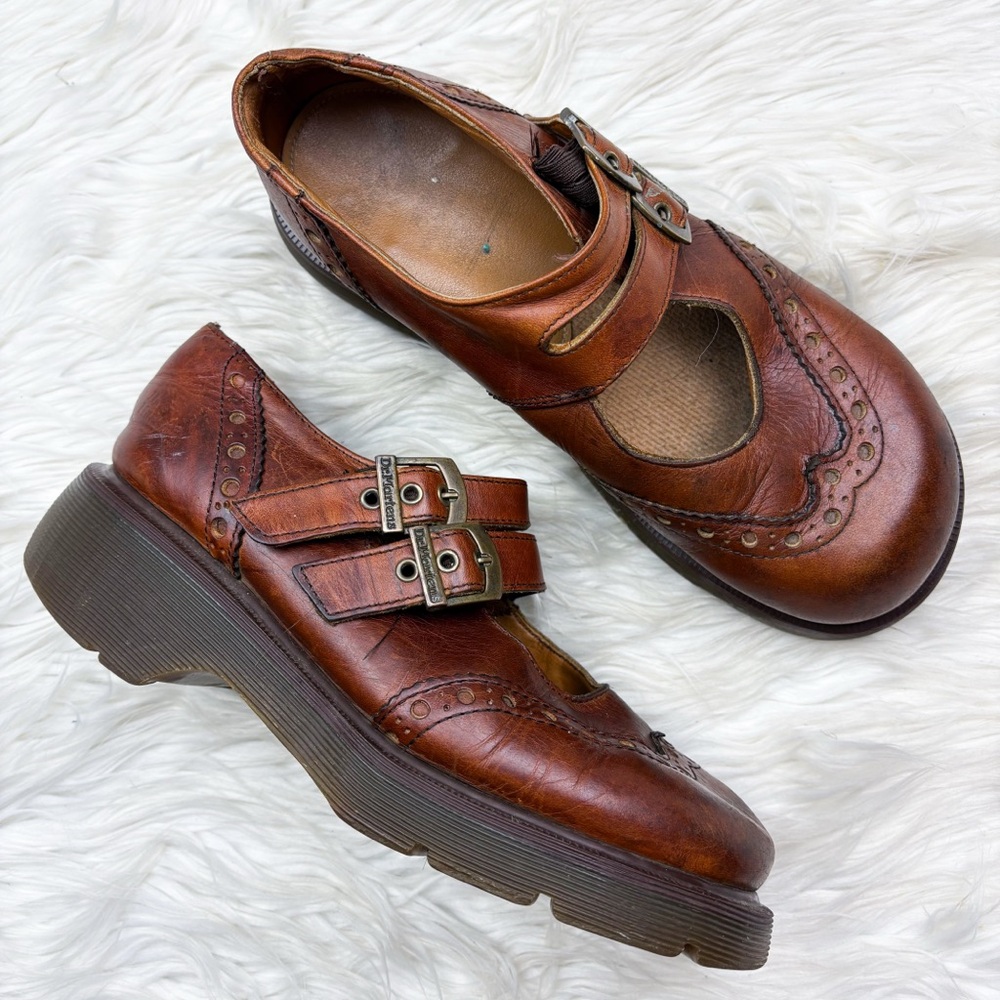 Dr. Martens Vintage Made in England Brogue Mary Jane Double Strap Leather Shoes - Picture 2 of 11